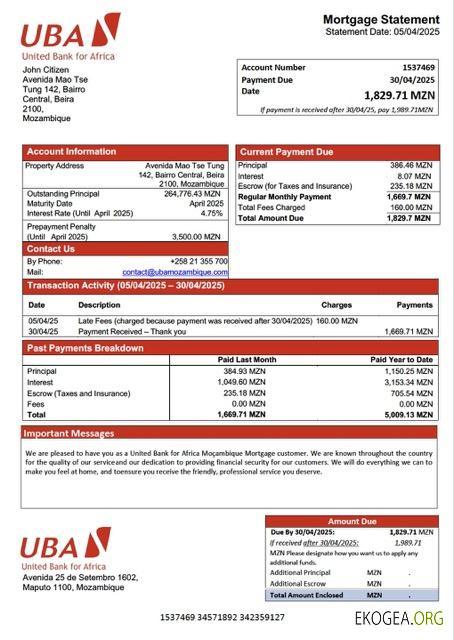 Mozambique United Bank for Africa Relevé hypothécaire du Mozambique Modèle Word et PDF